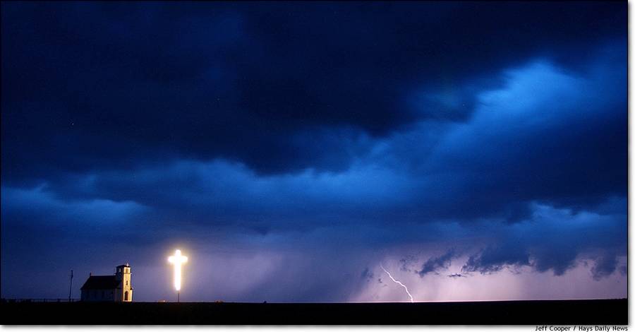 Sign From Above Lighted Cross at Excelsior Lutheran Church, Wilson, Kansas.