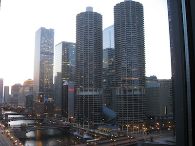 The view from a corner suite at the Hotel Monaco includes the Chicago River and some of the city's distinct architecture.