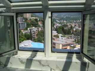 Villa Sassa Hotel and Spa, Lugano, Switzerland, overlooking Lake Lugano, bathroom with a view, Nancy D. Brown