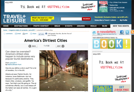 Americas dirtiest cities listing on T+L with Philly XoXo ad